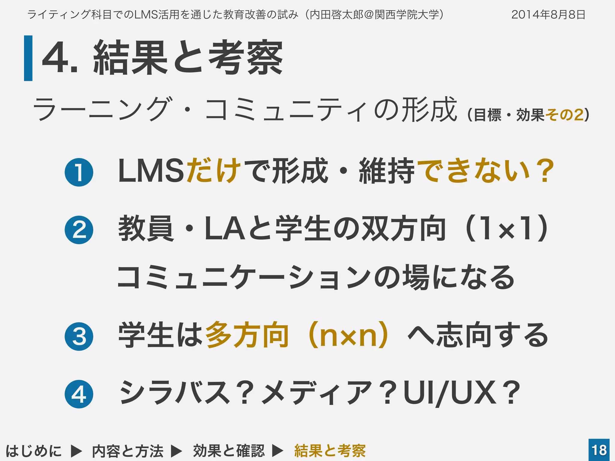 ライティング科目でのLMS活用を通じた教育改善の試み（内田啓太郎＠関西学院大学） 2014年8月8日
4. 結果と考察
18はじめに ▲ 内容と方法 ▲ 効果と確認 ▲ 結果と考察
•LMSだけで形成・維持できない？
•教員・LAと学生の双方向（1 1）
コミュニケーションの場になる
•学生は多方向（n n）へ志向する
•シラバス？メディア？UI/UX？
1
2
3
4
ラーニング・コミュニティの形成（目標・効果その2）
 