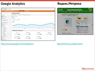 Google Analytics Яндекс.Метрика
http://www.google.com/analytics/ http://metrica.yandex.com/
 