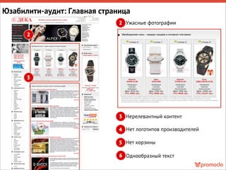 Ужасные фотографии
Нерелевантный контент
Нет логотипов производителей
Нет корзины
Однообразный текст
Юзабилити-аудит: Главная страница
 