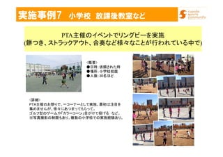実施事例7 小学校 放課後教室など
PTA主催のイベントでリングビーを実施
(餅つき、ストラックアウト、合奏など様々なことが行われている中で)
<詳細>
PTA主催のお祭りで、一コーナーとして実施。最初は注目を
集めませんが、徐々にあつまってもらって。
ゴルフ型のゲームや「カラーコーン」目がけて投げる など。
※写真撮影の制限もあり、複数の小学校での実施経験あり。
<概要>
●日時：依頼された時
●場所：小学校校庭
●人数：30名ほど
 