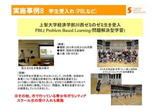 実施事例8 学生受入れ(PBLなど)
上智大学経済学部川西ゼミのゼミ生を受入
PBL( Problem Based Learning/問題解決型学習)
受入ゼミ生の発表の様子 ゼミ生主体企画/大学バレー部vs当団体
エキシビジョンマッチ/技術講習会<詳細>
「ゼミの学生が見習コンサルタントとして、3カ月間、当団体の
事業について調査分析等を行い事業改善を提案する」
という新しい試みに協力しました。ゼミ生には実際に2つのイベ
ントを主体的に実施してもらい、問題点、事業を加速するため
の提言をしていただきました。
<概要>
●期間：2012年10月より3カ月間
●場所：団体の活動場所
●人数：2名(ゼミ生)
※※※※その他、市で行っている青少年ボランティアその他、市で行っている青少年ボランティアその他、市で行っている青少年ボランティアその他、市で行っている青少年ボランティア
スクール生の受け入れも実施スクール生の受け入れも実施スクール生の受け入れも実施スクール生の受け入れも実施
 