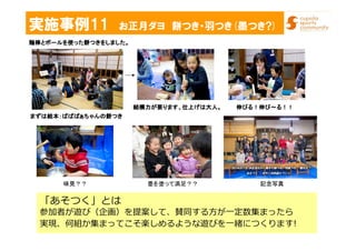 実施事例11 お正月ダヨ 餅つき・羽つき(墨つき?)
「あそつく」とは
参加者が遊び（企画）を提案して、賛同する方が一定数集まったら
実現、何組か集まってこそ楽しめるような遊びを一緒につくります!
麺棒とボールを使った餅つきをしました。麺棒とボールを使った餅つきをしました。麺棒とボールを使った餅つきをしました。麺棒とボールを使った餅つきをしました。
まずは絵本：ばばばぁちゃんの餅つきまずは絵本：ばばばぁちゃんの餅つきまずは絵本：ばばばぁちゃんの餅つきまずは絵本：ばばばぁちゃんの餅つき
結構力が要ります、仕上げは大人。結構力が要ります、仕上げは大人。結構力が要ります、仕上げは大人。結構力が要ります、仕上げは大人。 伸びる！伸び～る！！伸びる！伸び～る！！伸びる！伸び～る！！伸びる！伸び～る！！
味見？？ 墨を塗って満足？？ 記念写真
 