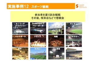 実施事例12 スポーツ観戦
参加者を募り試合観戦
その後、喫茶店などで懇親会
ワールドカップワールドカップワールドカップワールドカップ
バレーボールバレーボールバレーボールバレーボール
ｂｊリーグｂｊリーグｂｊリーグｂｊリーグ
((((バスケットバスケットバスケットバスケット))))
ブラインドブラインドブラインドブラインド
サッカーサッカーサッカーサッカー
サッカーサッカーサッカーサッカー
ハンドボールハンドボールハンドボールハンドボール プロレスプロレスプロレスプロレス 相撲相撲相撲相撲 セパタクローセパタクローセパタクローセパタクロー
空手空手空手空手 ラグビーラグビーラグビーラグビー プロ野球プロ野球プロ野球プロ野球
オートレースオートレースオートレースオートレース
 