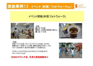 実施事例13 イベント(料理/フォトウォークなど)
イベント開催(料理/フォトウォーク)
<詳細>
料理イベントは5回、ウォーキングイベントは2回。(2012年)
課題もあり→料理イベントの際、講師の負担が大きい、フォト
ウォークは告知や、魅力的な散策コースの設定など。
プロモーションビデオはこちら(HPからリンクがあります)
http://bit.ly/LymyjD
<概要>
●日時：不定期
●場所：公民館の調理室/屋外etc
●人数：5～30名
※BBQ※BBQ※BBQ※BBQやランチ会、花見も実施経験ありやランチ会、花見も実施経験ありやランチ会、花見も実施経験ありやランチ会、花見も実施経験あり
 