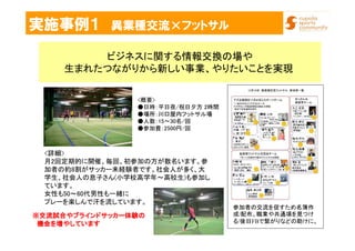 実施事例１ 異業種交流×フットサル
ビジネスに関する情報交換の場や
生まれたつながりから新しい事業、やりたいことを実現
<概要>
●日時：平日夜/祝日夕方 2時間
●場所：川口屋内フットサル場
●人数：15～30名/回
●参加費：2500円/回
<詳細>
月2回定期的に開催、毎回、初参加の方が数名います。参
加者の約8割がサッカー未経験者です。社会人が多く、大
学生、社会人の息子さん(小学校高学年～高校生)も参加し
ています。
女性も50～60代男性も一緒に
プレーを楽しんで汗を流しています。
参加者の交流を促すため名簿作
成/配布。職業や共通項を見つけ
る/後日FBで繋がりなどの助けに。
※※※※交流試合やブラインドサッカー体験の交流試合やブラインドサッカー体験の交流試合やブラインドサッカー体験の交流試合やブラインドサッカー体験の
機会を増やしています機会を増やしています機会を増やしています機会を増やしています
 
