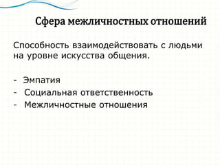 Сфера межличностных отношений
Способность взаимодействовать с людьми
на уровне искусства общения.
- Эмпатия
- Социальная ответственность
- Межличностные отношения
 