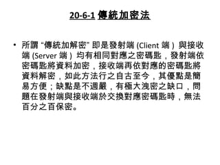 20-6-1 傳統加密法
• 所謂 “傳統加解密” 即是發射端 (Client 端 ) 與接收
端 (Server 端 ) 均有相同對應之密碼匙，發射端依
密碼匙將資料加密，接收端再依對應的密碼匙將
資料解密，如此方法行之自古至今，其優點是簡
易方便；缺點是不週嚴，有極大洩密之缺口，問
題在發射端與接收端於交換對應密碼匙時，無法
百分之百保密。
 