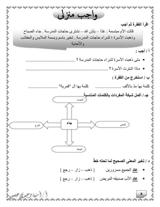 8
‫أجب‬ ‫ثم‬ ‫الفقرة‬ ‫اقرأ‬
: ‫أجب‬ / ‫أ‬
.......................................... ‫؟‬ ‫المدرسة‬ ‫حاجات‬ ‫لشراء‬ ‫األسرة‬ ‫ذهبت‬ ‫متى‬
...................................................................... ‫؟‬ ‫األسرة‬ ‫اشترت‬ ‫ماذا‬
: ‫الفقرة‬ ‫من‬ ‫استخرج‬ / ‫ب‬
‫باأللف‬ ‫مد‬ ‫بها‬ ‫كلمة‬......................... "‫"قمرية‬ ‫ال‬ ‫بها‬ ‫كلمة‬ ......................
‫جـ‬‫المناسبة‬ ‫بالكلمات‬ ‫المفردات‬ ‫شبكة‬ ‫أكمل‬ /
ّ‫ط‬‫خ‬ ‫تحته‬ ‫لما‬ ‫الصحيح‬ ‫المعنى‬ ‫تخير‬ / ‫د‬
‫عاد‬‫ذهب‬ { ‫مسرورين‬ ‫الجميع‬–‫زار‬–} ‫رجع‬
‫عاد‬‫ذهب‬ { ‫المريض‬ ‫صديقه‬ ‫األب‬–‫زار‬–} ‫رجع‬
‫النوع‬
‫جاء‬ ‫المعنى‬
‫الجملة‬
‫ا‬‫لمضاد‬
‫ًا‬‫د‬‫غ‬ : ‫مبتسمة‬ ‫األم‬ ‫قالت‬–‫هللا‬ ‫بإذن‬–‫الصباح‬ ‫جاء‬ . ‫المدرسة‬ ‫حاجات‬ ‫نشترى‬
‫والحقائب‬ ‫المالبس‬ ‫وبسمة‬ ‫باسم‬ ‫تخير‬ . ‫المدرسة‬ ‫حاجات‬ ‫لشراء‬ ‫؛‬ ‫األسرة‬ ‫وذهبت‬
‫واألحذية‬
 