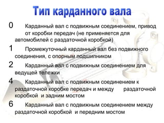 0 Карданный вал с подвижным соединением, привод
от коробки передач (не применяется для
автомобилей с раздаточной коробкой)
1 Промежуточный карданный вал без подвижного
соединения, с опорным подшипником
2 Карданный вал с подвижным соединением для
ведущей тележки
4 Карданный вал с подвижным соединением к
раздаточной коробке передач и между раздаточной
коробкой и задним мостом
6 Карданный вал с подвижным соединением между
раздаточной коробкой и передним мостом
 
