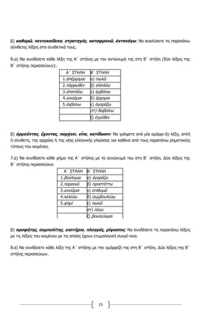 15
β) καθορῶ, πεντεκαίδεκα, στρατηγός, καταφρονῶ, ἀντανάγω: Να αναλύσετε τις παραπάνω
σύνθετες λέξεις στα συνθετικά τους.
6.α) Να συνδέσετε κάθε λέξη της Α΄ στήλης με την αντώνυμή της στη Β΄ στήλη (δύο λέξεις της
Β΄ στήλης περισσεύουν):.
Α΄ ΣΤΗΛΗ Β΄ ΣΤΗΛΗ
1.ἀπέρχομαι α) πωλῶ
2.πόρρωθεν β) εἰσπλέω
3.ἀποπλέω γ) ἐμβαίνω
4.ὠνοῦμαι δ) ἔρχομαι
5.ἐκβαίνω ε) ἀγοράζω
στ) διαβαίνω
ζ) ἐγγύθεν
β) ὁρμοῦντας, ἔχοντας, παρῄνει, εἶπε, κατίδωσιν: Να γράψετε από μία ομόρρι-ζη λέξη, απλή
ή σύνθετη, της αρχαίας ή της νέας ελληνικής γλώσσας για καθένα από τους παραπάνω ρηματικούς
τύπους του κειμένου.
7.α) Να συνδέσετε κάθε ρήμα της Α΄ στήλης με το συνώνυμό του στη Β΄ στήλη. Δύο λέξεις της
Β΄ στήλης περισσεύουν.
Α΄ ΣΤΗΛΗ Β΄ ΣΤΗΛΗ
1.βούλομαι α) ἀγοράζω
2.παραινῶ β) προστάττω
3.ὠνοῦμαι γ) ἐπιθυμῶ
4.κελεύω δ) συμβουλεύω
5.φημί ε) πωλῶ
στ) λέγω
ζ) βουλεύομαι
β) προφήτης, συμπολίτης, εισιτήριο, πλοηγός, ρίψασπις: Να συνδέσετε τις παραπάνω λέξεις
με τις λέξεις του κειμένου με τις οποίες έχουν ετυμολογική συγγέ-νεια.
8.α) Να συνδέσετε κάθε λέξη της Α΄ στήλης με την ομόρριζή της στη Β΄ στήλη. Δύο λέξεις της Β΄
στήλης περισσεύουν.
 