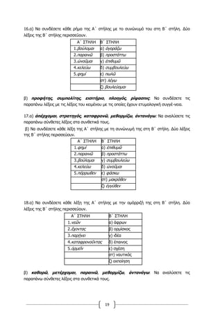 19
16.α) Να συνδέσετε κάθε ρήμα της Α΄ στήλης με το συνώνυμό του στη Β΄ στήλη. Δύο
λέξεις της Β΄ στήλης περισσεύουν.
Α΄ ΣΤΗΛΗ Β΄ ΣΤΗΛΗ
1.βούλομαι α) ἀγοράζω
2.παραινῶ β) προστάττω
3.ὠνοῦμαι γ) ἐπιθυμῶ
4.κελεύω δ) συμβουλεύω
5.φημί ε) πωλῶ
στ) λέγω
ζ) βουλεύομαι
β) προφήτης, συμπολίτης, εισιτήριο, πλοηγός, ρίψασπις: Να συνδέσετε τις
παραπάνω λέξεις με τις λέξεις του κειμένου με τις οποίες έχουν ετυμολογική συγγέ-νεια.
17.α) ἀπέρχοµαι, στρατηγός, καταφρονῶ, µεθορµίζω, ἀντανάγω: Να αναλύσετε τις
παραπάνω σύνθετες λέξεις στα συνθετικά τους.
β) Να συνδέσετε κάθε λέξη της Α΄ στήλης µε τη συνώνυµή της στη Β΄ στήλη. Δύο λέξεις
της Β΄ στήλης περισσεύουν.
Α΄ ΣΤΗΛΗ Β΄ ΣΤΗΛΗ
1.φηµί α) ἐπιθυµῶ
2.παραινῶ β) προστάττω
3.βούλοµαι γ) συµβουλεύω
4.κελεύω δ) ὠνοῦµαι
5.πόρρωθεν ε) φάσκω
στ) µακρόθεν
ζ) ἐγγύθεν
18.α) Να συνδέσετε κάθε λέξη της Α΄ στήλης με την ομόρριζή της στη Β΄ στήλη. Δύο
λέξεις της Β΄ στήλης περισσεύουν.
Α΄ ΣΤΗΛΗ Β΄ ΣΤΗΛΗ
1.νεῶν α) άφρων
2.ἔχοντας β) ορμίσκος
3.παρῄνει γ) ιδέα
4.καταφρονοῦντας δ) έπαινος
5.ὁρμεῖν ε) σχέση
στ) ναυτικός
ζ) εκποίηση
β) καθορῶ, μετέρχομαι, παραινῶ, μεθορμίζω, ἀντανάγω: Να αναλύσετε τις
παραπάνω σύνθετες λέξεις στα συνθετικά τους.
 