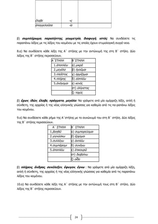 24
ἔλαβε -ις
ἀπαγγελοῦσα -ία
β) συμπλήρωμα, παραλήπτης, γεωμετρία, διαφυγή, ιστός: Να συνδέσετε τις
παραπάνω λέξεις με τις λέξεις του κειμένου με τις οποίες έχουν ετυμολογική συγγέ-νεια.
8.α) Να συνδέσετε κάθε λέξη της Α΄ στήλης με την αντώνυμή της στη Β΄ στήλη. Δύο
λέξεις της Β΄ στήλης περισσεύουν.
Α΄ΣΤΗΛΗ Β΄ΣΤΗΛΗ
1.ἀποπλέω α) μικρά
2.μεγάλα β) ἡγοῦμαι
3.πλεῖστος γ) ὁρμίζομαι
4.πλήρης δ) εἰσπλέω
5.ἀνάγομαι ε) κενός
στ) ὀλίγιστος
ζ) ταχύς
β) ἔχων, ἰδών, ἔλαβε, πράγματα, μεγάλα: Να γράψετε από μία ομόρριζη λέξη, απλή ή
σύνθετη, της αρχαίας ή της νέας ελληνικής γλώσσας για καθεμία από τις πα-ραπάνω λέξεις
του κειμένου.
9.α) Να συνδέσετε κάθε ρήμα της Α΄στήλης με το συνώνυμό του στη Β΄ στήλη. Δύο λέξεις
της Β΄ στήλης περισσεύουν.
Α΄ ΣΤΗΛΗ Β΄ ΣΤΗΛΗ
1.βοηθῶ α) συμπορεύομαι
2.γιγνώσκω β) ἔρχομαι
3.συλλέγω γ) ἐκπλέω
4.συμπάρειμι δ) συνάγω
5.ἀποπλέω ε) ἐπικουρῶ
στ) διαβαίνω
ζ) οἶδα
β) πλήρεις, ἄνδρας, συνέλεξεν, ἔφυγον, ἔγνω : Να γράψετε από μία ομόρριζη λέξη,
απλή ή σύνθετη, της αρχαίας ή της νέας ελληνικής γλώσσας για καθεμία από τις παραπάνω
λέξεις του κειμένου.
10.α) Να συνδέσετε κάθε λέξη της Α΄ στήλης με την αντώνυμή τους στη Β΄ στήλη. Δύο
λέξεις της Β΄ στήλης περισσεύουν.
 
