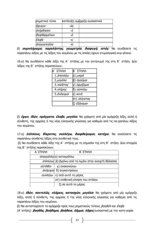 27
ρηματικοί τύποι κατάληξη ομόρριζα ουσιαστικά
ἔφυγον -άς
ἀνήχθησαν -ή
διεφθαρμένων -ά
ἔλαβε -ις
ἀπαγγελοῦσα -ία
β) συμπλήρωμα, παραλήπτης, γεωμετρία, διαφυγή, ιστός: Να συνδέσετε τις
παραπάνω λέξεις με τις λέξεις του κειμένου με τις οποίες έχουν ετυμολογική συγ-γένεια.
16.α) Να συνδέσετε κάθε λέξη της Α΄ στήλης με την αντώνυμή της στη Β΄ στήλη. Δύο
λέξεις της Β΄ στήλης περισσεύουν.
Α΄ ΣΤΗΛΗ Β΄ ΣΤΗΛΗ
1.ἀποπλέω α) μικρά
2.μεγάλα β) ἡγοῦμαι
3.πλεῖστος γ) ὁρμίζομαι
4.πλήρης δ) εἰσπλέω
5.ἀνάγομαι ε) κενή
στ) ὀλίγιστος
ζ) ἐξάγομαι
β) ἔχων, ἰδών, πράγματα, ἔλαβε, μεγάλα: Να γράψετε από μία ομόρριζη λέξη, απλή ή
σύνθετη, της αρχαίας ή της νέας ελληνικής γλώσσας για καθεμία από τις πα-ραπάνω λέξεις
του κειμένου.
17.α) ἐπίπλους, δίκροτος, συλλέγω, διαφθείρομαι, κατέχω: Να αναλύσετε τις
παραπάνω σύνθετες λέξεις στα συνθετικά τους.
β) Να συνδέσετε κάθε λέξη της Α΄ στήλης με τη σημασία της στη Β΄ στήλη. Δύο στοιχεία
της Β΄ στήλης περισσεύουν.
Α΄ΣΤΗΛΗ Β΄ΣΤΗΛΗ
ἀπαγγέλλω α) καταγγέλλω
ἐπίπλους β) βγαίνω από το λιμάνι στην ανοιχτή θάλασσα
αὐτόθεν γ) ανακοινώνω
ἀνάγομαι δ) συγκεντρώνω
συλλέγω ε) από αυτό το μέρος
στ) επιθετική κίνηση του στόλου
ζ) σε αυτό το μέρος
18.α) ἰδών, παντελῶς, πλήρεις, κατασχών, μεγάλα: Να γράψετε από μία ομόρριζη
λέξη, απλή ή σύνθετη, της αρχαίας ή της νέας ελληνικής γλώσσας για καθεμία από τις
παραπάνω λέξεις του κειμένου.
β) Να αντιστοιχίσετε τα ομόρριζα προς τους ρηματικούς τύπους βοηθεῖν και ἒλαβε
(Α΄στήλη): βοηθός, βοήθημα, βοήθεια, λῆμμα, λῆψις ουσιαστικά με την κατη-γορία
 