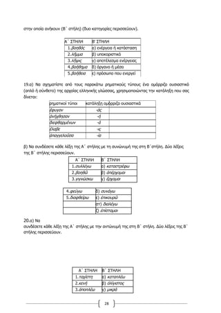 28
στην οποία ανήκουν (Β΄ στήλη) (δυο κατηγορίες περισσεύουν).
Α΄ ΣΤΗΛΗ Β' ΣΤΗΛΗ
1.βοηθός α) ενέργεια ή κατάσταση
2.λῆμμα β) υποκοριστικό
3.λῆψις γ) αποτέλεσμα ενέργειας
4.βοήθημα δ) όργανο ή μέσο
5.βοήθεια ε) πρόσωπο που ενεργεί
19.α) Να σχηματίστε από τους παρακάτω ρηματικούς τύπους ένα ομόρριζο ουσιαστικό
(απλό ή σύνθετο) της αρχαίας ελληνικής γλώσσας, χρησιμοποιώντας την κατάληξη που σας
δίνεται:
ρηματικοί τύποι κατάληξη ομόρριζα ουσιαστικά
ἔφυγον -άς
ἀνήχθησαν -ή
διεφθαρμένων -ά
ἔλαβε -ις
ἀπαγγελοῦσα -ία
β) Να συνδέσετε κάθε λέξη της Α΄ στήλης με τη συνώνυμή της στη Β΄στήλη. Δύο λέξεις
της Β΄ στήλης περισσεύουν.
Α΄ ΣΤΗΛΗ Β΄ ΣΤΗΛΗ
1.συλλέγω α) καταστρέφω
2.βοηθῶ β) ἀπέρχομαι
3.γιγνώσκω γ) ἔρχομαι
20.α) Να
συνδέσετε κάθε λέξη της Α΄ στήλης με την αντώνυμή της στη Β΄ στήλη. Δύο λέξεις της Β΄
στήλης περισσεύουν.
Α΄ ΣΤΗΛΗ Β΄ ΣΤΗΛΗ
1.ταχίστη α) καταπλέω
2.κενή β) ὀλίγιστος
3.ἀποπλέω γ) μικρά
4.φεύγω δ) συνάγω
5.διαφθείρω ε) ἐπικουρῶ
στ) διαλέγω
ζ) ἐπίσταμαι
 