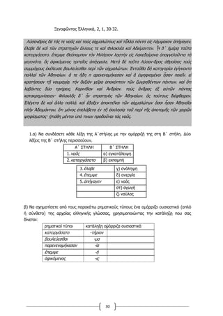 30
Ξενοφῶντος Ἑλληνικά, 2, 1, 30-32.
Λύσανδρος δὲ τάς τε ναῦς καὶ τοὺς αἰχμαλώτους καὶ τἆλλα πάντα εἰς Λάμψακον ἀπήγαγεν͵
ἔλαβε δὲ καὶ τῶν στρατηγῶν ἄλλους τε καὶ Φιλοκλέα καὶ Ἀδείμαντον. ᾟ δ΄ ἡμέρᾳ ταῦτα
κατειργάσατο͵ ἔπεμψε Θεόπομπον τὸν Μιλήσιον λῃστὴν εἰς Λακεδαίμονα ἀπαγγελοῦντα τὰ
γεγονότα͵ ὃς ἀφικόμενος τριταῖος ἀπήγγειλε. Μετὰ δὲ ταῦτα Λύσαν-δρος ἁθροίσας τοὺς
συμμάχους ἐκέλευσε βουλεύεσθαι περὶ τῶν αἰχμαλώτων. Ἐνταῦθα δὴ κατηγορίαι ἐγίγνοντο
πολλαὶ τῶν Ἀθηναίων͵ ἅ τε ἤδη π αρενενομήκεσαν καὶ ἃ ἐψηφισμένοι ἦσαν ποιεῖν͵ εἰ
κρατήσειαν τῇ ναυμαχίᾳ͵ τὴν δεξιὰν χεῖρα ἀποκόπτειν τῶν ζωγρηθέντων πάντων͵ καὶ ὅτι
λαβόντες δύο τριήρεις͵ Κορινθίαν καὶ Ἀνδρίαν͵ τοὺς ἄνδρας ἐξ αὐτῶν πάντας
κατακρημνίσειαν· Φιλοκλῆς δ΄ ἦν στρατηγὸς τῶν Ἀθηναίων͵ ὃς τούτους διέφθειρεν.
Ἐλέγετο δὲ καὶ ἄλλα πολλά͵ καὶ ἔδοξεν ἀποκτεῖναι τῶν αἰχμαλώτων ὅσοι ἦσαν Ἀθηναῖοι
πλὴν Ἀδειμάντου͵ ὅτι μόνος ἐπελάβετο ἐν τῇ ἐκκλησίᾳ τοῦ περὶ τῆς ἀποτομῆς τῶν χειρῶν
ψηφίσματος· ᾐτιάθη μέντοι ὑπό τινων προδοῦναι τὰς ναῦς.
1.α) Να συνδέσετε κάθε λέξη της Α΄στήλης με την ομόρριζή της στη Β΄ στήλη. Δύο
λέξεις της Β΄ στήλης περισσεύουν.
Α΄ ΣΤΗΛΗ Β΄ ΣΤΗΛΗ
1.ναῦς α) εγκατάλειψη
2.κατειργάσατο β) εκπομπή
β) Να σχηματίσετε από τους παρακάτω ρηματικούς τύπους ένα ομόρριζο ουσιαστικό (απλό
ή σύνθετο) της αρχαίας ελληνικής γλώσσας, χρησιμοποιώντας την κατάληξη που σας
δίνεται:
ρηματικοί τύποι κατάληξη ομόρριζα ουσιαστικά
κατειργάσατο -τήριον
βουλεύεσθαι -μα
παρενενομήκεσαν -ία
ἔπεμψε -ή
ἀφικόμενος -ις
3.ἔλαβε γ) ανάληψη
4.ἔπεμψε δ) ανεργία
5.ἀπήγαγεν ε) ναός
στ) αγωγή
ζ) ναύλος
 