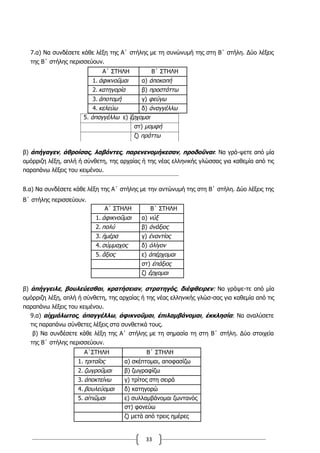33
7.α) Να συνδέσετε κάθε λέξη της Α΄ στήλης με τη συνώνυμή της στη Β΄ στήλη. Δύο λέξεις
της Β΄ στήλης περισσεύουν.
Α΄ ΣΤΗΛΗ Β΄ ΣΤΗΛΗ
1. ἀφικνοῦμαι α) ἀποκοπή
2. κατηγορία β) προστάττω
3. ἀποτομή γ) φεύγω
4. κελεύω δ) ἀναγγέλλω
5. ἀπαγγέλλω ε) ἔρχομαι
στ) μομφή
ζ) πράττω
β) ἀπήγαγεν, ἁθροίσας, λαβόντες, παρενενομήκεσαν, προδοῦναι: Να γρά-ψετε από μία
ομόρριζη λέξη, απλή ή σύνθετη, της αρχαίας ή της νέας ελληνικής γλώσσας για καθεμία από τις
παραπάνω λέξεις του κειμένου.
8.α) Να συνδέσετε κάθε λέξη της Α΄ στήλης με την αντώνυμή της στη Β΄ στήλη. Δύο λέξεις της
Β΄ στήλης περισσεύουν.
Α΄ ΣΤΗΛΗ Β΄ ΣΤΗΛΗ
1. ἀφικνοῦμαι α) νύξ
2. πολύ β) ἀνάξιος
3. ἡμέρα γ) ἐναντίος
4. σύμμαχος δ) ὀλίγον
5. ἄξιος ε) ἀπέρχομαι
στ) ἐπάξιος
ζ) ἔρχομαι
β) ἀπήγγειλε, βουλεύεσθαι, κρατήσειαν, στρατηγός, διέφθειρεν: Να γράψε-τε από μία
ομόρριζη λέξη, απλή ή σύνθετη, της αρχαίας ή της νέας ελληνικής γλώσ-σας για καθεμία από τις
παραπάνω λέξεις του κειμένου.
9.α) αἰχμάλωτος, ἀπαγγέλλω, ἀφικνοῦμαι, ἐπιλαμβάνομαι, ἐκκλησία: Να αναλύσετε
τις παραπάνω σύνθετες λέξεις στα συνθετικά τους.
β) Να συνδέσετε κάθε λέξη της Α΄ στήλης με τη σημασία τη στη Β΄ στήλη. Δύο στοιχεία
της Β΄ στήλης περισσεύουν.
Α΄ΣΤΗΛΗ Β΄ ΣΤΗΛΗ
1. τριταῖος α) σκέπτομαι, αποφασίζω
2. ζωγροῦμαι β) ζωγραφίζω
3. ἀποκτείνω γ) τρίτος στη σειρά
4. βουλεύομαι δ) κατηγορώ
5. αἰτιῶμαι ε) συλλαμβάνομαι ζωντανός
στ) φονεύω
ζ) μετά από τρεις ημέρες
 