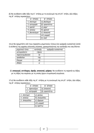 37
β) Να συνδέσετε κάθε λέξη της Α΄ στήλης µε τη συνώνυµή της στη Β΄ στήλη. Δύο λέξεις
της Β΄ στήλης περισσεύουν.
Α΄ ΣΤΗΛΗ Β΄ ΣΤΗΛΗ
1. ἀποτοµή α) βούλοµαι
2. κατηγορία β) προστάττω
3. κρατῶ γ) φηµί
4. κελεύω δ) φρονῶ
5. βουλεύοµαι ε) ἀποκοπή
στ) µοµφή
ζ) νικῶ
16.α) Να σχηματίστε από τους παρακάτω ρηματικούς τύπους ένα ομόρριζο ουσιαστικό (απλό
ή σύνθετο) της αρχαίας ελληνικής γλώσσας, χρησιμοποιώντας την κατάληξη που σας δίνεται:
ρηματικοί τύποι κατάληξη ομόρριζα ουσιαστικά
κατειργάσατο -τήριον
παρενενομήκεσαν -ία
προδοῦναι -της
ἔπεμψε -ός
ἔδοξεν -α
β) απαγωγή, αντίληψη, άφιξη, αποκοπή, ψήφος: Να συνδέσετε τις παραπά-νω λέξεις
με τις λέξεις του κειμένου με τις οποίες έχουν ετυμολογική συγγένεια.
17.α) Να συνδέσετε κάθε λέξη της Α΄ στήλης με τη συνώνυμή της στη Β΄ στήλη. Δύο λέξεις
της Β΄ στήλης περισσεύουν.
Α΄ ΣΤΗΛΗ Β΄ ΣΤΗΛΗ
1. ἀφικνοῦμαι α) ἀποκοπή
2. κατηγορία β) προστάττω
3. ἀποτομή γ) φεύγω
4. κελεύω δ) ἀναγγέλλω
5. ἀπαγγέλλω ε) ἔρχομαι
στ) μομφή
ζ) πράττω
 