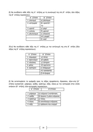 39
β) Να συνδέσετε κάθε λέξη της Α΄ στήλης με τη συνώνυμή της στη Β΄ στήλη. Δύο λέξεις
της Β΄ στήλης περισσεύουν.
Α΄ ΣΤΗΛΗ Β΄ ΣΤΗΛΗ
1. ἀποτομή α) βούλομαι
2. κατηγορία β) προστάτ-
τω
3. κρατῶ γ) φημί
4. κελεύω δ) φρονῶ
5. βουλεύομαι ε) ἀποκοπή
στ) μομφή
ζ) νικῶ
20.α) Να συνδέσετε κάθε λέξη της Α΄ στήλης µε την αντώνυµή της στη Β΄ στήλη (δύο
λέξεις της Β΄ στήλης περισσεύουν):
Α΄ ΣΤΗΛΗ Β΄ ΣΤΗΛΗ
1. σύµµαχος α) πένης
2. ἀφικνοῦµαι β) ἐχθρός
3. πλούσιος γ) ὓστερον
4. φίλος δ) πρώτιστα
5. πρότερον ε) ἀπέρχοµαι
στ) προσφιλής
ζ) ἀντίµαχος
β) Να αντιστοιχίσετε τα οµόρριζα προς τις λέξεις ἐψηφίσαντο, ἔπρασσον, λέγο-ντες (Α΄
στήλη) ουσιαστικά: ψήφισµα, πρᾶξις, πράκτωρ, λέξις, λόγος µε την κατηγορία στην οποία
ανήκουν (Β΄ στήλη). Δύο κατηγορίες περισσεύουν.
Α΄ ΣΤΗΛΗ Β' ΣΤΗΛΗ
1. ψήφισµα α) ενέργεια ή κατάσταση
2. πρᾶξις β) όργανο ή µέσο ενέργειας
3. πράκτωρ γ) τόπος
4. λόγος δ) αποτέλεσµα ενέργειας
5. λέξις ε) πρόσωπο που ενεργεί
 