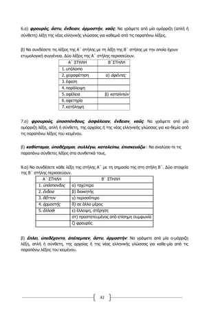 42
6.α) φρουρός, ἄστυ, ἔνδειαν, ἁρμοστήν, ναῦς: Να γράψετε από μία ομόρριζη (απλή ή
σύνθετη) λέξη της νέας ελληνικής γλώσσας για καθεμιά από τις παραπάνω λέξεις.
β) Να συνδέσετε τις λέξεις της Α΄ στήλης με τη λέξη της Β΄ στήλης με την οποία έχουν
ετυμολογική συγγένεια. Δύο λέξεις της Α΄ στήλης περισσεύουν.
Α΄ ΣΤΗΛΗ Β΄ΣΤΗΛΗ
1. υπόλοιπο
2. χειραφέτηση α) ἀφέντες
3. έφεση
4. παράλειψη
5. αφέλεια β) καταλιπών
6. αφετηρία
7. κατάληψη
7.α) φρουρούς, ὑποσπόνδους, ἀσφάλειαν, ἔνδειαν, ναῦς: Να γράψετε από μία
ομόρριζη λέξη, απλή ή σύνθετη, της αρχαίας ή της νέας ελληνικής γλώσσας για κα-θεμία από
τις παραπάνω λέξεις του κειμένου.
β) καθίσταμαι, ὑποδέχομαι, συλλέγω, καταλείπω, ἐπισκευάζω : Να αναλύσε-τε τις
παραπάνω σύνθετες λέξεις στα συνθετικά τους.
8.α) Να συνδέσετε κάθε λέξη της στήλης Α΄ µε τη σηµασία της στη στήλη Β΄. Δύο στοιχεία
της Β΄ στήλης περισσεύουν.
Α΄ ΣΤΗΛΗ Β΄ ΣΤΗΛΗ
1. ὑπόσπονδος α) ταχύτερα
2. ἔνδεια β) διοικητής
3. θᾶττον γ) περισσότερο
4. ἁρµοστής δ) σε άλλο µέρος
5. ἄλλοθι ε) έλλειψη, στέρηση
στ) προστατευµένος από επίσηµη συµφωνία
ζ) φρουρός
β) ἔπλει, ὑπεδέχοντο, ἀπέπεµπεν, ἄστυ, ἁρµοστήν: Να γράψετε από µία ο-µόρριζη
λέξη, απλή ή σύνθετη, της αρχαίας ή της νέας ελληνικής γλώσσας για καθε-µία από τις
παραπάνω λέξεις του κειµένου.
 