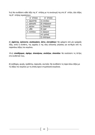 43
9.α) Να συνδέσετε κάθε λέξη της Α΄ στήλης με τη συνώνυμή της στη Β΄ στήλη. Δύο λέξεις
της Β΄ στήλης περισσεύουν.
Α΄ ΣΤΗΛΗ Β΄ ΣΤΗΛΗ
1. ἁρμοστής α) συνάγω
2. φρουρός β) ἀπέρχομαι
3. φεύγω γ) διοικητής
4. οἶδα δ) ὁρῶ
5. συλλέγω ε) ἔρχομαι
στ) φύλαξ
ζ) ἐπίσταμαι
β) ἀφέντες, ἐγένοντο, συλλεγῶσιν, ἄστυ, ἐπιτηδείων: Να γράψετε από μία ομόρριζη
λέξη, απλή ή σύνθετη, της αρχαίας ή της νέας ελληνικής γλώσσας για κα-θεμία από τις
παραπάνω λέξεις του κειμένου.
10.α) ὑποδέχομαι, ἀφίημι, ἀποπέμπω, συλλέγω, ἀποπλέω: Να αναλύσετε τις λέ-ξεις
στα συνθετικά τους.
β) ανάδοχος, φυγάς, προδότης, παρουσία, ναυτικός: Να συνδέσετε τις παρα-πάνω λέξεις με
τις λέξεις του κειμένου με τις οποίες έχουν ετυμολογική συγγένεια.
 