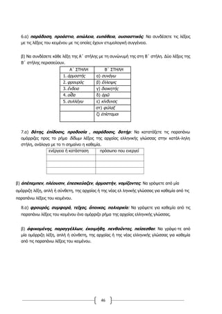 46
6.α) παράδοση, προάστιο, απώλεια, ευπάθεια, ουσιαστικός: Να συνδέσετε τις λέξεις
με τις λέξεις του κειμένου με τις οποίες έχουν ετυμολογική συγγένεια.
β) Να συνδέσετε κάθε λέξη της Α΄ στήλης με τη συνώνυμή της στη Β΄ στήλη. Δύο λέξεις της
Β΄ στήλης περισσεύουν.
Α΄ ΣΤΗΛΗ Β΄ ΣΤΗΛΗ
1. ἁρμοστής α) συνάγω
2. φρουρὸς β) ἔλλειψις
3. ἔνδεια γ) διοικητής
4. οἶδα δ) ὁρῶ
5. συλλέγω ε) κίνδυνος
στ) φύλαξ
ζ) ἐπίσταμαι
7.α) δότης, ἐπίδοσις, προδοσία , παράδοσις, δοτήρ: Να κατατάξετε τις παραπάνω
ομόρριζες προς το ρήμα δίδωμι λέξεις της αρχαίας ελληνικής γλώσσας στην κατάλ-ληλη
στήλη, ανάλογα με το τι σημαίνει η καθεμία.
ενέργεια ή κατάσταση πρόσωπο που ενεργεί
β) ἀπέπεμπεν, πλέουσιν, ἐπεσκεύαζεν, ἁρμοστήν, νομίζοντες: Να γράψετε από μία
ομόρριζη λέξη, απλή ή σύνθετη, της αρχαίας ή της νέας ελ ληνικής γλώσσας για καθεμία από τις
παραπάνω λέξεις του κειμένου.
8.α) φρουρός, συμφορά, τεῖχος, ἄποικος, πολιορκία: Να γράψετε για καθεμία από τις
παραπάνω λέξεις του κειμένου ένα ομόρριζο ρήμα της αρχαίας ελληνικής γλώσσας.
β) ἀφικομένης, παραγγέλλων, ἐκοιμήθη, πενθοῦντες, πείσεσθαι: Να γράψε-τε από
μία ομόρριζη λέξη, απλή ή σύνθετη, της αρχαίας ή της νέας ελληνικής γλώσσας για καθεμία
από τις παραπάνω λέξεις του κειμένου.
 