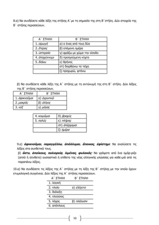 50
8.α) Να συνδέσετε κάθε λέξη της στήλης Α΄με τη σημασία της στη Β΄στήλη. Δύο στοιχεία της
Β΄ στήλης περισσεύουν.
Α΄ ΣΤΗΛΗ Β΄ ΣΤΗΛΗ
1. οἰμωγή α) ο ένας από τους δύο
2. ἕτερος β) επόμενη ημέρα
3. ὑστεραία γ) φράζω με χώμα την είσοδο
4. ἀποχώννυμι δ) προηγούμενη νύχτα
5. διήκω ε) θρήνος
στ) διορθώνω τα τείχη
ζ) προχωρώ, φτάνω
β) Να συνδέσετε κάθε λέξη της Α΄ στήλης με τη αντώνυμή της στη Β΄ στήλη. Δύο λέξεις
της Β΄ στήλης περισσεύουν.
Α΄ ΣΤΗΛΗ Β΄ ΣΤΗΛΗ
1. ἀφικνοῦμαι α) ἀγρυπνῶ
2. μακρός β) ὀλίγος
3. νύξ γ) μέγας
9.α) ἀφικνοῦμαι, παραγγέλλω, ἀπόλλυμαι, ἄποικος, ἐφίστημι: Να αναλύσετε τις
λέξεις στα συνθετικά τους.
β) ἄστυ, ἀποίκους, πολιορκίᾳ, λιμένας, φυλακάς: Να γράψετε από ένα ομόρ-ριζο
(απλό ή σύνθετο) ουσιαστικό ή επίθετο της νέας ελληνικής γλώσσας για καθε-μιά από τις
παραπάνω λέξεις.
10.α) Να συνδέσετε τις λέξεις της Α΄ στήλης με τη λέξη της Β΄ στήλης με την οποία έχουν
ετυμολογική συγγένεια. Δύο λέξεις της Α΄ στήλης περισσεύουν.
Α΄ ΣΤΗΛΗ Β΄ ΣΤΗΛΗ
1. λογική
2. πλοίο α) ἐλέγετο
3. διάλεξη
4. πλούσιος
5. λόχος β) πλέουσιν
6. απόπλους
4. κοιμῶμαι δ) βραχύς
5. πολύς ε) πλήρης
στ) ἀπέρχομαι
ζ) ἡμέρα
 