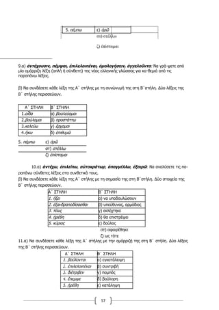 57
5. πέμπω ε) ὁρῶ
στ) στέλλω
ζ) ἐπίσταμαι
9.α) ἀντέχουσιν, πέμψαι, ἐπιλελοιπέναι, ὁμολογήσειν, ἀγγελοῦντα: Να γρά-ψετε από
μία ομόρριζη λέξη (απλή ή σύνθετη) της νέας ελληνικής γλώσσας για κα-θεμιά από τις
παραπάνω λέξεις.
β) Να συνδέσετε κάθε λέξη της Α΄ στήλης με τη συνώνυμή της στη Β΄στήλη. Δύο λέξεις της
Β΄ στήλης περισσεύουν.
Α΄ ΣΤΗΛΗ Β΄ ΣΤΗΛΗ
1.οἶδα α) βουλεύομαι
2.βούλομαι β) προστάττω
3.κελεύω γ) ἔρχομαι
4.ἥκω δ) ἐπιθυμῶ
10.α) ἀντέχω, ἐπιλείπω, αὐτοκράτωρ, ἀπαγγέλλω, ἐξαιρῶ: Να αναλύσετε τις πα-
ραπάνω σύνθετες λέξεις στα συνθετικά τους.
β) Να συνδέσετε κάθε λέξη της Α΄ στήλης με τη σημασία της στη Β΄στήλη. Δύο στοιχεία της
Β΄ στήλης περισσεύουν.
Α΄ ΣΤΗΛΗ Β΄ ΣΤΗΛΗ
1. ἥξει α) να υποδουλώσουν
2. ἐξανδραποδίσασθαι β) υπεύθυνος, αρμόδιος
3. τέως γ) εκλέχτηκε
4. ᾑρέθη δ) θα επιστρέψει
5. κύριος ε) δούλος
στ) αφαιρέθηκε
ζ) ως τότε
11.α) Να συνδέσετε κάθε λέξη της Α΄ στήλης με την ομόρριζή της στη Β΄ στήλη. Δύο λέξεις
της Β΄ στήλης περισσεύουν.
Α΄ ΣΤΗΛΗ Β΄ ΣΤΗΛΗ
1. βούλονται α) εγκατάλειψη
2. ἐπιλελοιπέναι β) συντριβή
3. διέτριβεν γ) πομπός
4. ἔπεμψε δ) βούληση
5. ᾑρέθη ε) κατάληψη
5. πέμπω ε) ὁρῶ
στ) στέλλω
ζ) ἐπίσταμαι
 
