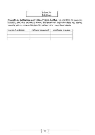 58
στ) αιρετός
ζ) βούλωμα
β) ὁμολογία, ὁμολογητής, ἀπαγγελία, ἄγγελος, ἄγγελμα : Να κατατάξετε τις παραπάνω
ομόρριζες προς τους ρηματικούς τύπους ὁμολογήσειν και ἀπήγγειλεν λέξεις της αρχαίας
ελληνικής γλώσσας στην κατάλληλη στήλη, ανάλογα με το τι ση-μαίνει η καθεμία.
ενέργεια ή κατάσταση πρόσωπο που ενεργεί αποτέλεσμα ενέργειας
 