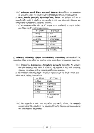 69
16. α) ψήφισμα, φυγή, λόγος, επιτροπή, λύματα: Να συνδέσετε τις παραπάνω
λέ-ξεις με τις λέξεις του κειμένου με τις οποίες έχουν ετυμολογική συγγένεια.
β) δήλη, βιωτόν, φανερῶς, ἐξαπατωμένους, ἄνδρα : Να γράψετε από μία ο-
μόρριζη λέξη, απλή ή σύνθετη, της αρχαίας ή της νέας ελληνικής γλώσσας για
καθεμιά από τις παραπάνω λέξεις του κειμένου.
17. α) Να συνδέσετε κάθε λέξη της Α΄ στήλης με τη συνώνυμή τη στη Β΄ στήλη.
Δύο λέξεις της Β΄ στήλης περισσεύουν.
Α΄ ΣΤΗΛΗ Β΄ ΣΤΗΛΗ
1. δῆλος α) εἰμί
2. γίγνομαι β) φανερός
3. κελεύω γ) καταστρέφω
4. φημί δ) ἐξαλείφω
5. λυμαίνομαι ε) φάσκω
στ) προστάττω
ζ) γιγνώσκω
β) διάλογος, επιστάτης, όραμα, ανεπίτρεπτος, ανακαίνιση: Να συνδέσετε τις
παραπάνω λέξεις με τις λέξεις του κειμένου με τις οποίες έχουν ετυμολογική συγγένεια.
18. α) ἐπαύσατο, ἡγησάμενος, διαλεχθείς, φανερῶς, εἰσελθών: Να γράψετε
από μία ομόρριζη λέξη, απλή ή σύνθετη, της αρχαίας ή της νέας ελληνικής
γλώσσας για καθεμιά από τις παραπάνω λέξεις του κειμένου.
β) Να συνδέσετε κάθε λέξη της Α΄ στήλης με τη συνώνυμή της στη Β΄ στήλη. Δύο
λέξεις της Β΄ στήλης περισσεύουν.
Α΄ ΣΤΗΛΗ Β΄ ΣΤΗΛΗ
1. δῆλος α) εἰμί
2. γίγνομαι β) φανερός
3. κελεύω γ) χωρίς
4. λέγω δ) ἄδηλος
5. ἄνευ ε) φάσκω
στ) προστάττω
ζ) ὁμοῦ
19. α) Να σχηματίσετε από τους παρακάτω ρηματικούς τύπους ένα ομόρριζο
ουσιαστικό (απλό ή σύνθετο) της αρχαίας ελληνικής γλώσσας, χρησιμοποιώντας
την κατάληξη που σας δίνεται:
 