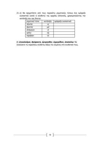 78
21. α) Να σχηµατίσετε από τους παρακάτω ρηµατικούς τύπους ένα οµόρριζο
ουσιαστικό (απλό ή σύνθετο) της αρχαίας ελληνικής, χρησιµοποιώντας την
κατάληξη που σας δίνεται:
ρηµατικοί τύποι κατάληξη οµόρριζα ουσιαστικά
λέγεται -ις
ἔχοντες -µα
ἀπήγαγον -ή
κρίνω -ής
παρῆσαν -ία
β) ἐπικαλοῦµαι, δρύφακτα, ἔµπροσθεν, ἐγχειρίδιον, ἀπολείπω: Να
αναλύσετε τις παραπάνω σύνθετες λέξεις του κειµένου στα συνθετικά τους.
 