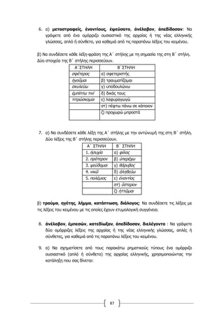 87
6. α) μεταστραφείς, ἐναντίους, ἐψεύσατο, ἀνέλαβον, ἀπεδίδοσαν: Να
γράψετε από ένα ομόρριζο ουσιαστικό της αρχαίας ή της νέας ελληνικής
γλώσσας, απλό ή σύνθετο, για καθεμιά από τις παραπάνω λέξεις του κειμένου.
β) Να συνδέσετε κάθε λέξη-φράση της Α΄ στήλης με τη σημασία της στη Β΄ στήλη.
Δύο στοιχεία της Β΄ στήλης περισσεύουν.
Α΄ΣΤΗΛΗ Β΄ΣΤΗΛΗ
σφέτερος α) σφετεριστής
ἡγοῦμαι β) τραυματίζομαι
σκυλεύω γ) υποδουλώνω
ἐμπίπτω τινί δ) δικός τους
τιτρώσκομαι ε) λαφυραγωγώ
στ) πέφτω πάνω σε κάποιον
ζ) προχωρώ μπροστά
7. α) Να συνδέσετε κάθε λέξη της Α΄ στήλης με την αντώνυμή της στη Β΄ στήλη.
Δύο λέξεις της Β΄ στήλης περισσεύουν.
Α΄ ΣΤΗΛΗ Β΄ ΣΤΗΛΗ
1. ἡσυχία α) φίλος
2. πρότερον β) ὑπερέχω
3. ψεύδομαι γ) θόρυβος
4. νικῶ δ) ἀληθεύω
5. πολέμιος ε) ἐναντίος
στ) ὕστερον
ζ) ἡττῶμαι
β) τραύμα, ηγέτης, λήμμα, κατάπτωση, διάλογος: Να συνδέσετε τις λέξεις με
τις λέξεις του κειμένου με τις οποίες έχουν ετυμολογική συγγένεια.
8. ἀνέλαβον, ἐμπεσών, κατεδίωξαν, ἀπεδίδοσαν, διελέγοντο : Να γράψετε
δύο ομόρριζες λέξεις της αρχαίας ή της νέας ελληνικής γλώσσας, απλές ή
σύνθετες, για καθεμιά από τις παραπάνω λέξεις του κειμένου.
9. α) Να σχηματίσετε από τους παρακάτω ρηματικούς τύπους ένα ομόρριζο
ουσιαστικό (απλό ή σύνθετο) της αρχαίας ελληνικής, χρησιμοποιώντας την
κατάληξη που σας δίνεται:
 