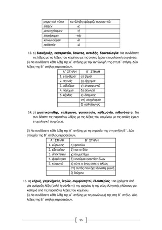95
ρηματικοί τύποι κατάληξη ομόρριζα ουσιαστικά
ἔλεξεν -ις
μετεσχήκαμεν -ή
ἐποιήσαμεν -τής
κοινωνοῦμεν -ία
πείθεσθε -ώ
13. α) διακήρυξη, εκστρατεία, άσωτος, αναιδής, δεοντολογία: Να συνδέσετε
τις λέξεις με τις λέξεις του κειμένου με τις οποίες έχουν ετυμολογική συγγένεια.
β) Να συνδέσετε κάθε λέξη της Α΄ στήλης με την αντώνυμή της στη Β΄ στήλη. Δύο
λέξεις της Β΄ στήλης περισσεύουν.
Α΄ ΣΤΗΛΗ Β΄ ΣΤΗΛΗ
1.ἐλευθερία α) ζημία
2.σεμνός β) ἄρχομαι
3.αἰδοῦμαι γ) ἀναισχυντῶ
4.παύομαι δ) δουλεία
5.κέρδος ε) ἄσεμνος
στ) αἰσχύνομαι
ζ) καλλίφωνος
14. α) μυστικοπαθής, τηλέφωνο, γαιοκτησία, κηδεμονία, πιθανότητα: Να
συν-δέσετε τις παραπάνω λέξεις με τις λέξεις του κειμένου με τις οποίες έχουν
ετυμολογική συγγένεια.
β) Να συνδέσετε κάθε λέξη της Α΄ στήλης με τη σημασία της στη στήλη Β΄. Δύο
στοιχεία της Β΄ στήλης περισσεύουν.
Α΄ ΣΤΗΛΗ Β΄ ΣΤΗΛΗ
1. εὔφωνος α) φονεύω
2. ἐξελαύνω β) και οι δύο
3. ἀποκτείνω γ) συμμετέχω
4. ἀμφότεροι δ) κινούμαι εναντίον όλων
5. κοινωνῶ ε) ούτε ο ένας ούτε ο άλλος
στ) αυτός που έχει δυνατή φωνή
ζ) διώχνω
15. α) κῆρυξ, γεγενήμεθα, ἱερῶν, συμφοιτηταί, ἐλευθερίας : Να γράψετε από
μία ομόρριζη λέξη (απλή ή σύνθετη) της αρχαίας ή της νέας ελληνικής γλώσσας για
καθεμιά από τις παραπάνω λέξεις του κειμένου.
β) Να συνδέσετε κάθε λέξη της Α΄ στήλης με τιη συνώνυμή της στη Β΄ στήλη. Δύο
λέξεις της Β΄ στήλης περισσεύουν.
 