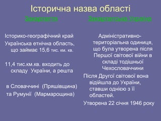 Історична назва області
Закарпаття
Історико-географічний край
Українська етнічна область,
що займає 15,6 тис. км. кв.
11,4 тис.км.кв. входить до
складу України, а решта
в Словаччині (Пряшівщина)
та Румунії (Мармарощина)
Закарпатська Україна
Адміністративно-
територіальна одиниця,
що була утворена після
Першої світової війни в
складі тодішньої
Чехословаччини
Після Другої світової вона
відійшла до України,
ставши однією з її
областей.
Утворена 22 січня 1946 року
 