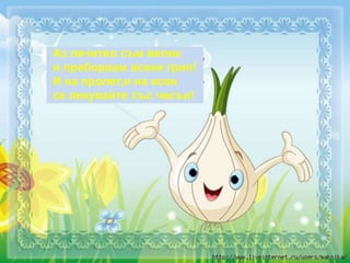 Аз лечител съм велик
и преборвам всеки грип!
И на пролет,и на есен
се лекувайте със чесън!
 