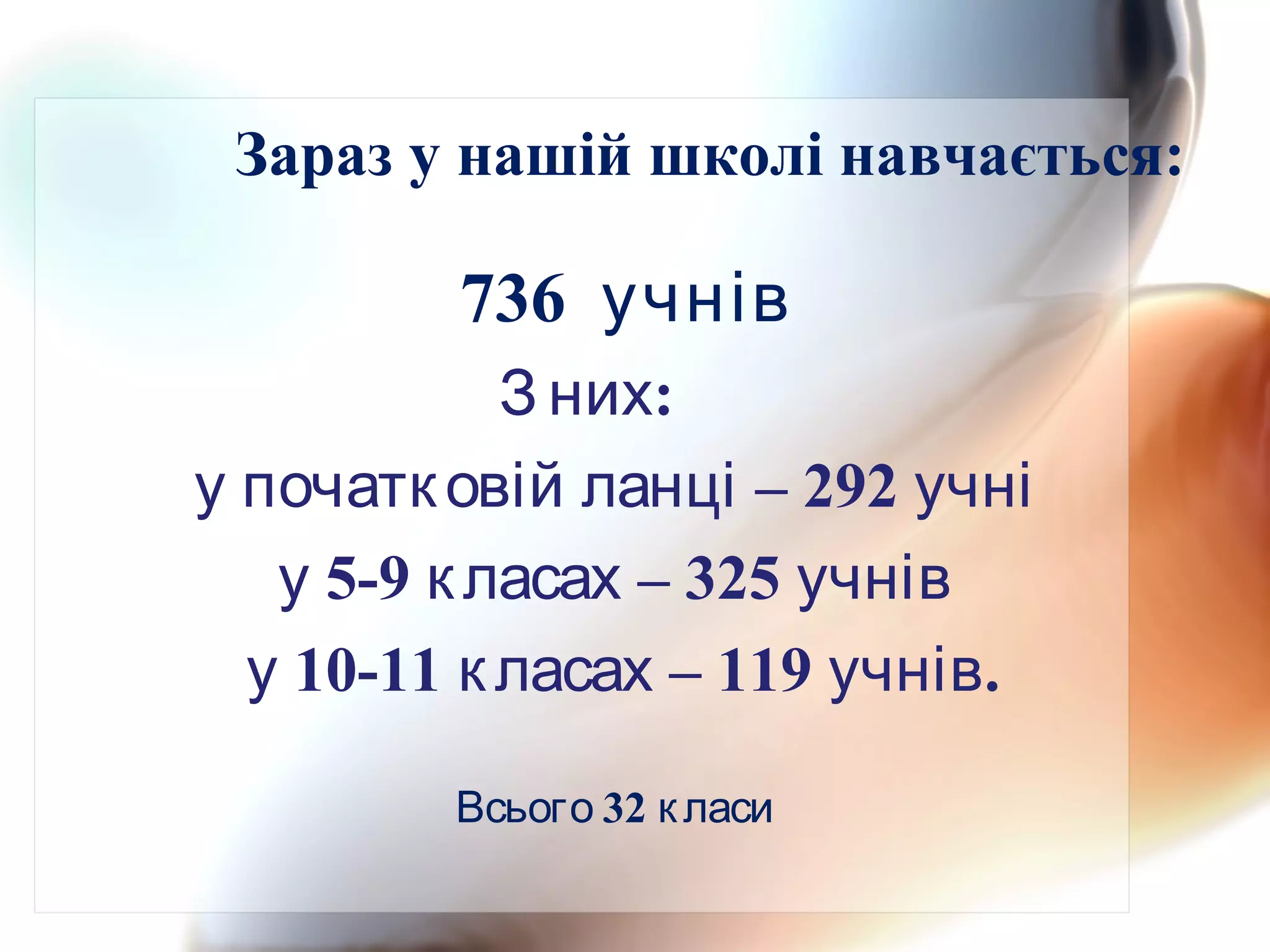 736 учнів
:З них
– 292у початковій ланці учні
5-9 – 325у класах учнів
10-11 – 119 .у класах учнів
32Всього класи
Зараз у нашій школі навчається:
 