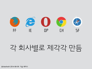@clearboth 2014-08-09 기습 세미나
FF IE OP CH SF
각 회사별로 제각각 만듬
 