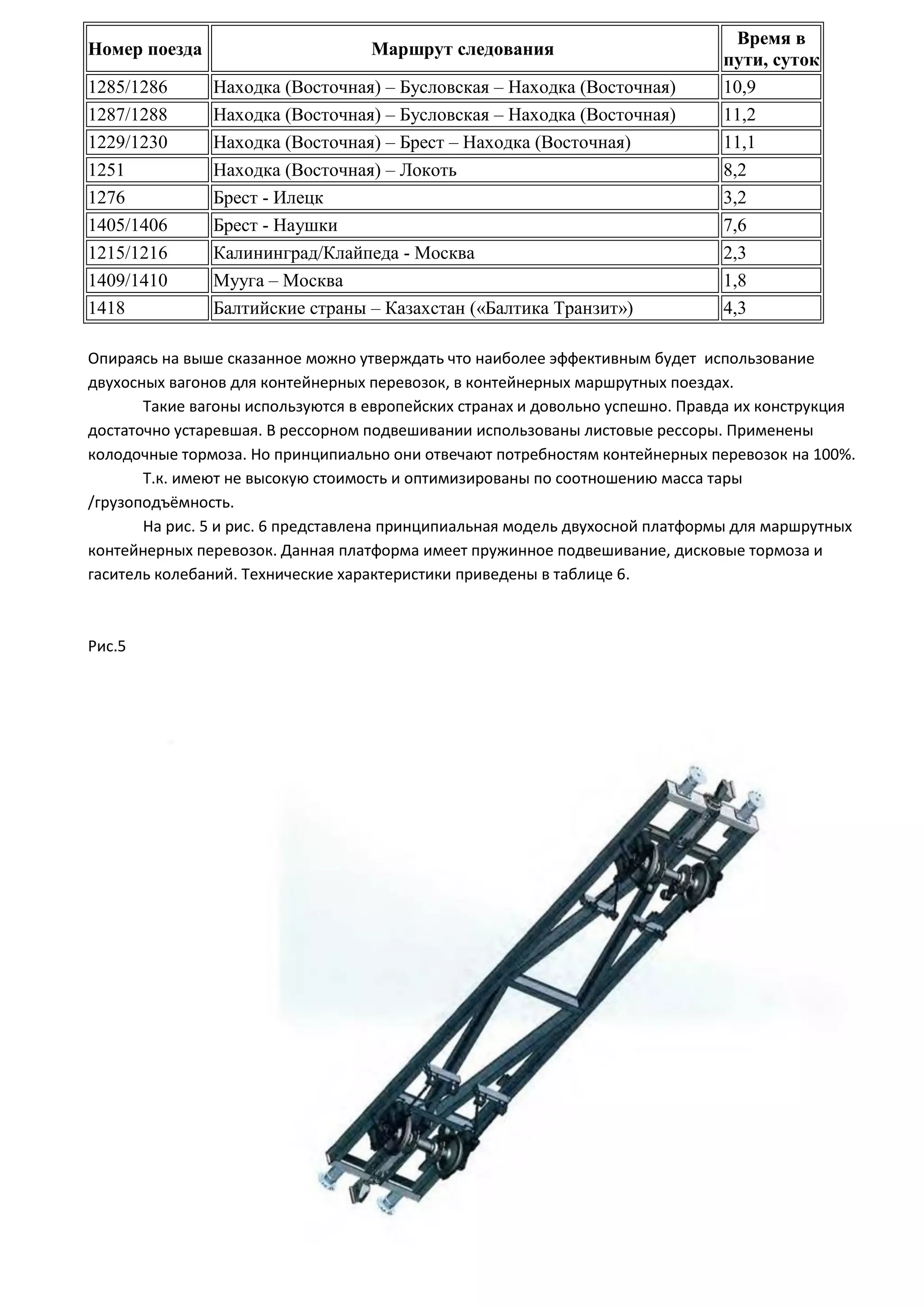 Номер поезда Маршрут следования
Время в
пути, суток
1285/1286 Находка (Восточная) – Бусловская – Находка (Восточная) 10,9
1287/1288 Находка (Восточная) – Бусловская – Находка (Восточная) 11,2
1229/1230 Находка (Восточная) – Брест – Находка (Восточная) 11,1
1251 Находка (Восточная) – Локоть 8,2
1276 Брест - Илецк 3,2
1405/1406 Брест - Наушки 7,6
1215/1216 Калининград/Клайпеда - Москва 2,3
1409/1410 Мууга – Москва 1,8
1418 Балтийские страны – Казахстан («Балтика Транзит») 4,3
Опираясь на выше сказанное можно утверждать что наиболее эффективным будет использование
двухосных вагонов для контейнерных перевозок, в контейнерных маршрутных поездах.
Такие вагоны используются в европейских странах и довольно успешно. Правда их конструкция
достаточно устаревшая. В рессорном подвешивании использованы листовые рессоры. Применены
колодочные тормоза. Но принципиально они отвечают потребностям контейнерных перевозок на 100%.
Т.к. имеют не высокую стоимость и оптимизированы по соотношению масса тары
/грузоподъёмность.
На рис. 5 и рис. 6 представлена принципиальная модель двухосной платформы для маршрутных
контейнерных перевозок. Данная платформа имеет пружинное подвешивание, дисковые тормоза и
гаситель колебаний. Технические характеристики приведены в таблице 6.
Рис.5
 