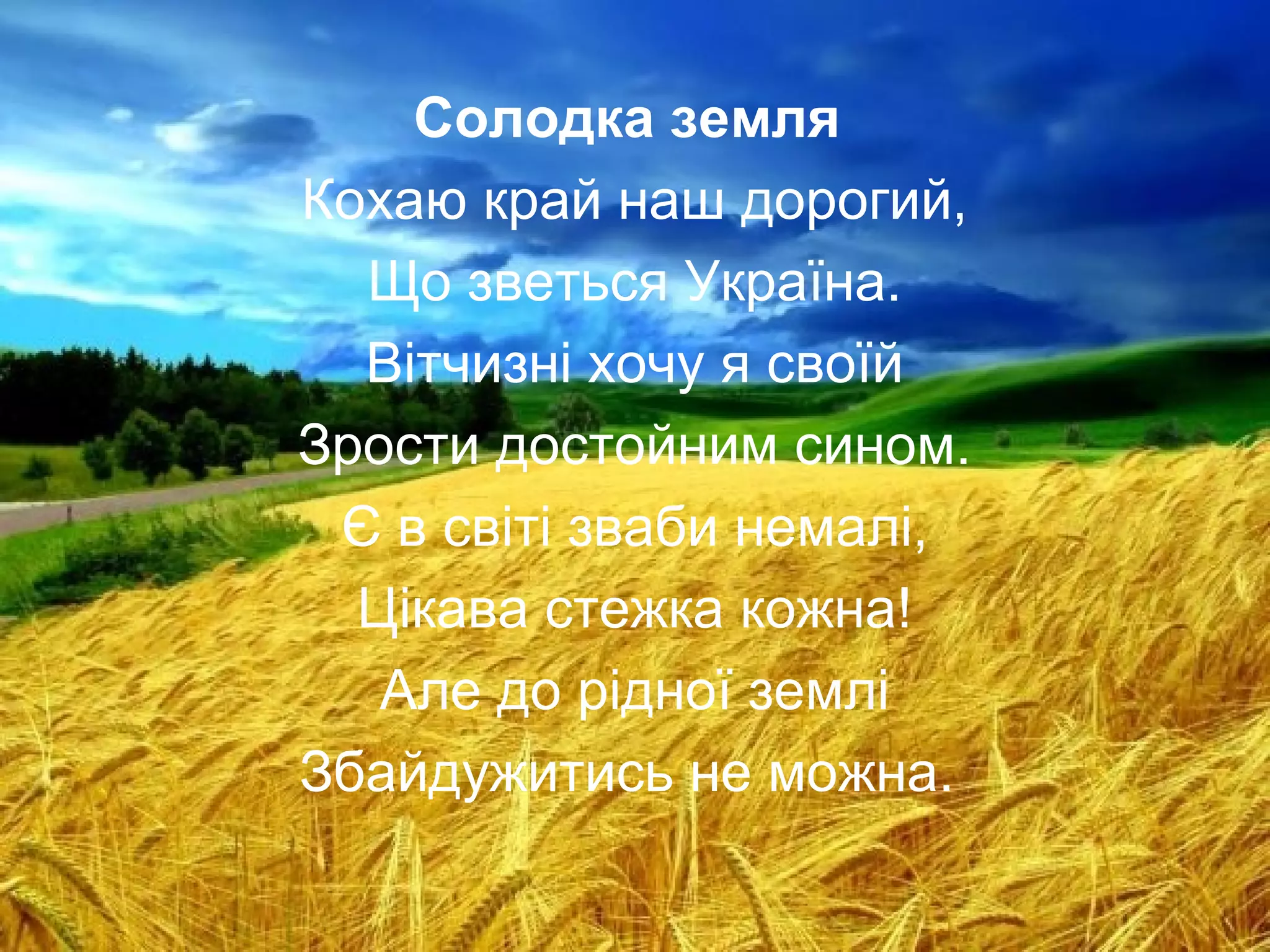Солодка земля
Кохаю край наш дорогий,
Що зветься Україна.
Вітчизні хочу я своїй
Зрости достойним сином.
Є в світі зваби немалі,
Цікава стежка кожна!
Але до рідної землі
Збайдужитись не можна.
 