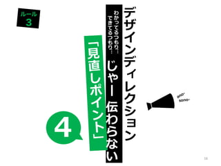 じ
ゃ
ー
伝
わ
ら
な
い
4
で
き
て
る
つ
も
り
…
わ
か
っ
て
る
つ
も
り
…
デ
ザ
イ
ン
デ
ィ
レ
ク
シ
ョ
ン
16
 