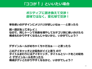 単色使いのデザインにメリハリが欲しいなぁ……と思ったら
統一感があってキレイ！
なので、同じトーンで色数を増やしてカテゴリ別に使い分けたら
構成もわかりやすくなるんじゃないかと、いかがでしょう？
デザインルールがめちゃくちゃだなぁ……と思ったら
このアイキャッチとか配色がイイと思う ので
タイトルまわりにはアイキャッチ、タイトルとリードをこの配色
と デザインルールを作ったら
構成がグッとわかりやすくなるかと、いかがでしょう？
「ココが ! 」といいたい場合
ポジティブに置き換えて交渉！
直球ではなく、変化球で交渉！
33
 