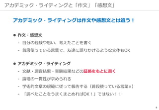 アカデミック・ライティングと「作文」「感想文」
アカデミック・ライティングは作文や感想文とは違う！
 作文・感想文
‐ 自分の経験や思い、考えたことを書く
‐ 普段使っている言葉で、友達に語りかけるような文体もOK
 アカデミック・ライティング
‐ 文献・調査結果・実験結果などの証拠をもとに書く
‐ 論理の一貫性が求められる
‐ 学術的文章の規範に従って報告する（普段使っている言葉×）
‐ 「調べたことをうまくまとめればOK！」ではない！！
6
 