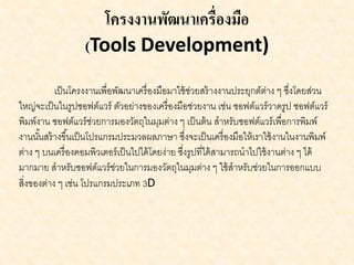 โครงงานพัฒนาเครื่องมือ
(Tools Development)
เป็นโครงงานเพื่อพัฒนาเครื่องมือมาใช้ช่วยสร้างงานประยุกต์ต่าง ๆ ซึ่งโดยส่วน
ใหญ่จะเป็นในรูปซอฟต์แวร์ ตัวอย่างของเครื่องมือช่วยงาน เช่น ซอฟต์แวร์วาดรูป ซอฟต์แวร์
พิมพ์งาน ซอฟต์แวร์ช่วยการมองวัตถุในมุมต่าง ๆ เป็นต้น สาหรับซอฟต์แวร์เพื่อการพิมพ์
งานนั้นสร้างขึ้นเป็นโปรแกรมประมวลผลภาษา ซึ่งจะเป็นเครื่องมือให้เราใช้งานในงานพิมพ์
ต่าง ๆ บนเครื่องคอมพิวเตอร์เป็นไปได้โดยง่าย ซึ่งรูปที่ได้สามารถนาไปใช้งานต่าง ๆ ได้
มากมาย สาหรับซอฟต์แวร์ช่วยในการมองวัตถุในมุมต่าง ๆ ใช้สาหรับช่วยในการออกแบบ
สิ่งของต่าง ๆ เช่น โปรแกรมประเภท 3D
 