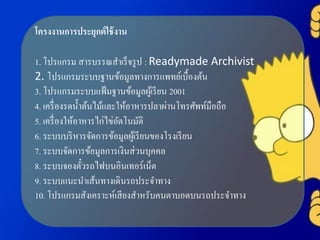 โครงงานการประยุกต์ใช้งาน
1. โปรแกรม สารบรรณสาเร็จรูป : Readymade Archivist
2. โปรแกรมระบบฐานข้อมูลทางการแพทย์เบื้องต้น
3. โปรแกรมระบบแฟ้มฐานข้อมูลผู้เรียน 2001
4. เครื่องรดน้าต้นไม้และให้อาหารปลาผ่านโทรศัพท์มือถือ
5. เครื่องให้อาหารไก่ไข่อัตโนมัติ
6. ระบบบริหารจัดการข้อมูลผู้เรียนของโรงเรียน
7. ระบบจัดการข้อมูลการเงินส่วนบุคคล
8. ระบบจองตั๋วรถไฟบนอินเทอร์เน็ต
9. ระบบแนะนาเส้นทางเดินรถประจาทาง
10. โปรแกรมสังเคราะห์เสียงสาหรับคนตาบอดบนรถประจาทาง
 