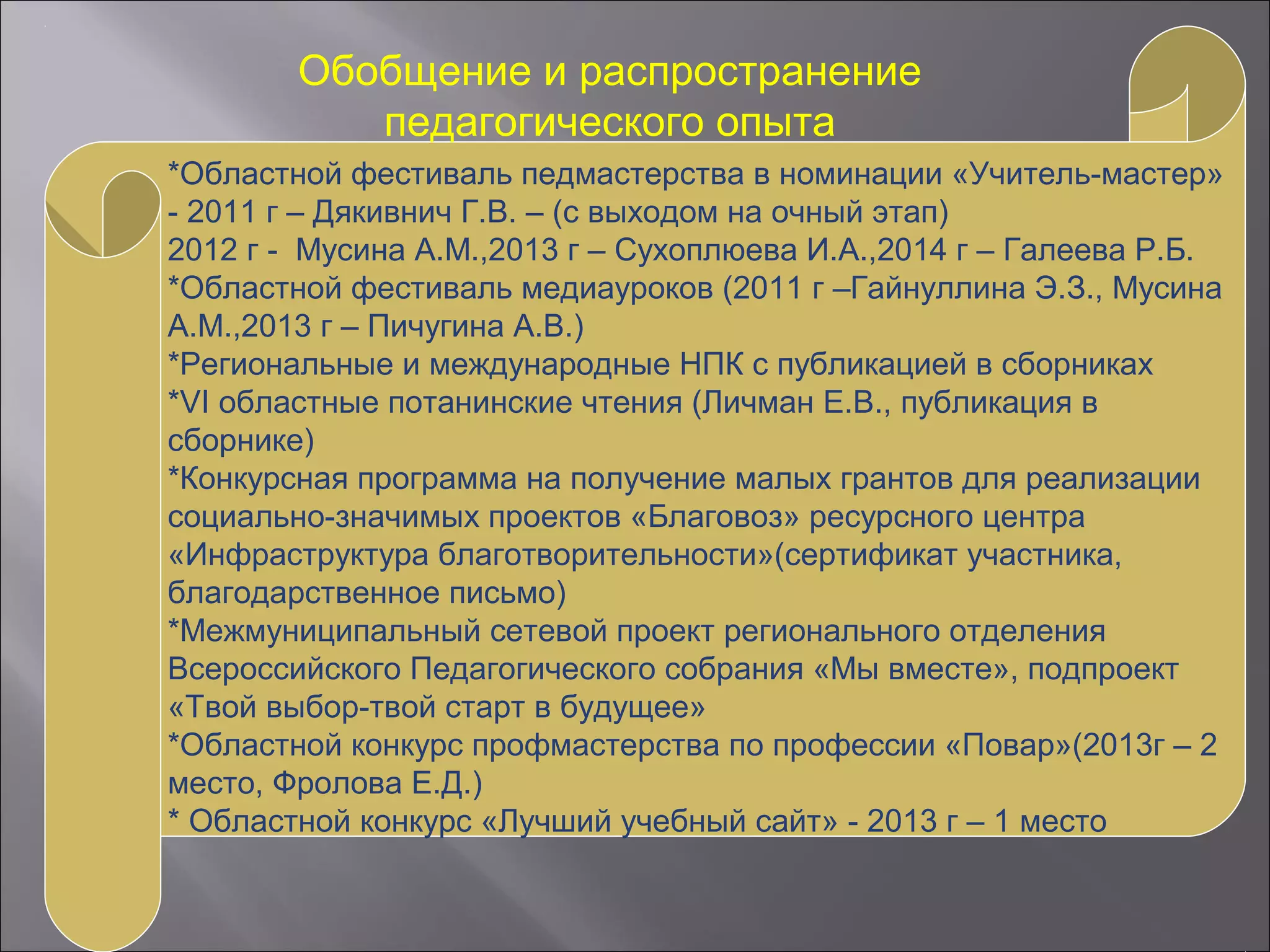 Обобщение и распространение
педагогического опыта
*Областной фестиваль педмастерства в номинации «Учитель-мастер»
- 2011 г – Дякивнич Г.В. – (с выходом на очный этап)
2012 г - Мусина А.М.,2013 г – Сухоплюева И.А.,2014 г – Галеева Р.Б.
*Областной фестиваль медиауроков (2011 г –Гайнуллина Э.З., Мусина
А.М.,2013 г – Пичугина А.В.)
*Региональные и международные НПК с публикацией в сборниках
*VI областные потанинские чтения (Личман Е.В., публикация в
сборнике)
*Конкурсная программа на получение малых грантов для реализации
социально-значимых проектов «Благовоз» ресурсного центра
«Инфраструктура благотворительности»(сертификат участника,
благодарственное письмо)
*Межмуниципальный сетевой проект регионального отделения
Всероссийского Педагогического собрания «Мы вместе», подпроект
«Твой выбор-твой старт в будущее»
*Областной конкурс профмастерства по профессии «Повар»(2013г – 2
место, Фролова Е.Д.)
* Областной конкурс «Лучший учебный сайт» - 2013 г – 1 место
 