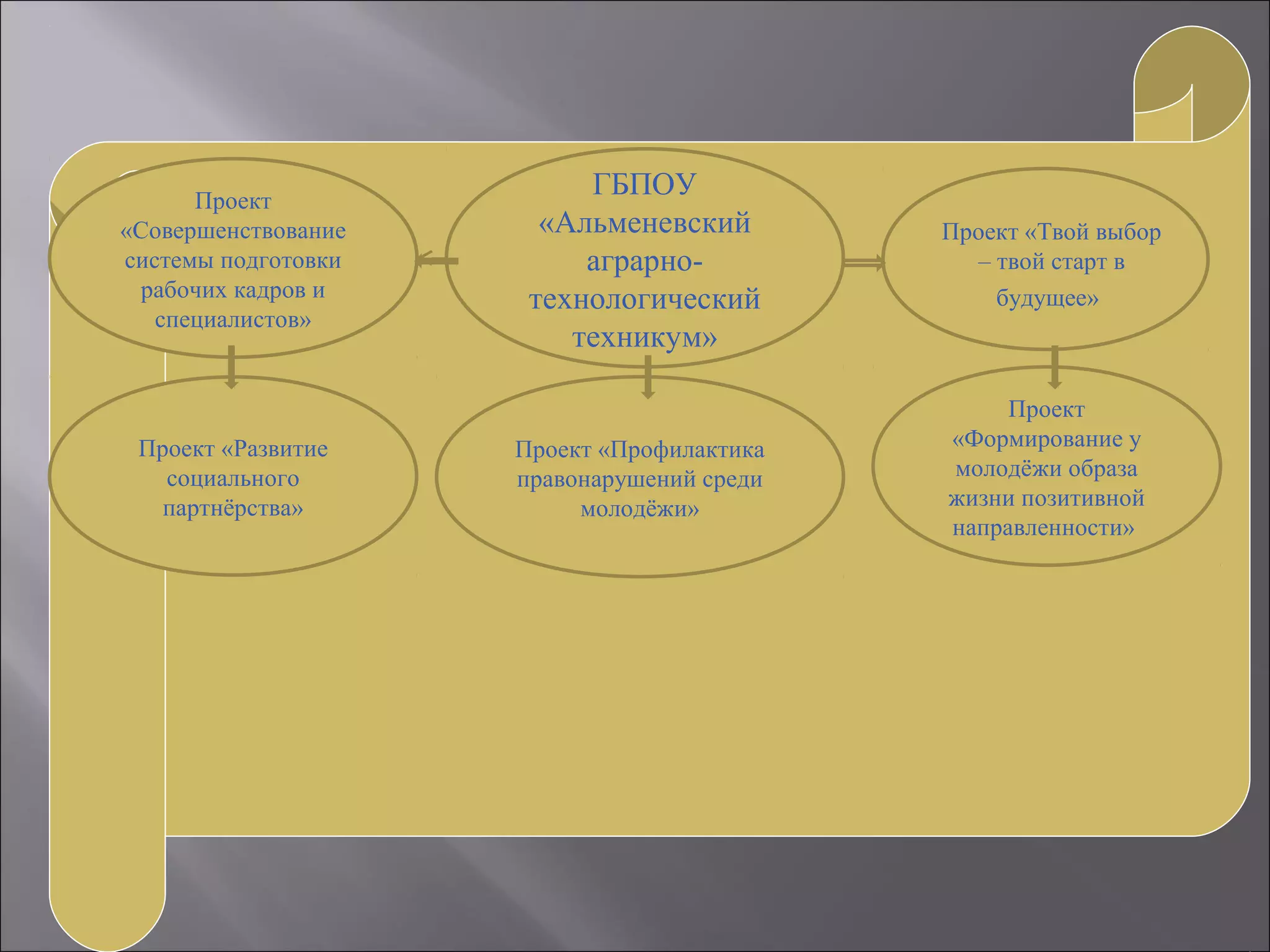 ГБПОУ
«Альменевский
аграрно-
технологический
техникум»
Проект
«Совершенствование
системы подготовки
рабочих кадров и
специалистов»
Проект «Профилактика
правонарушений среди
молодёжи»
Проект «Развитие
социального
партнёрства»
Проект
«Формирование у
молодёжи образа
жизни позитивной
направленности»
Проект «Твой выбор
– твой старт в
будущее»
 