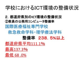 学校におけるＩＣＴ環境の整備状況
２．都道府県別のICT環境の整備状況
②教員の公務用コンピュータ整備率
国際医療福祉専門学校
救急救命学科・理学療法学科
整備率 ２３８．５%以上
都道府県平均111.1％
最高137.3％
最低 68 .0%
 