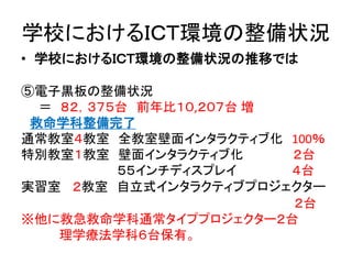 学校におけるＩＣＴ環境の整備状況
• 学校におけるＩＣＴ環境の整備状況の推移では
⑤電子黒板の整備状況
＝ ８２，３７５台 前年比１０,２０７台 増
救命学科整備完了
通常教室４教室 全教室壁面インタラクティブ化 100％
特別教室１教室 壁面インタラクティブ化 ２台
５５インチディスプレイ ４台
実習室 ２教室 自立式インタラクティブプロジェクター
２台
※他に救急救命学科通常タイププロジェクター２台
理学療法学科６台保有。
 