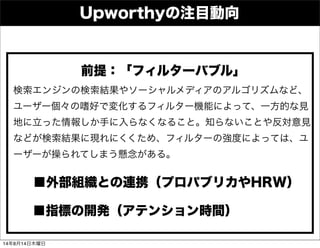 Upworthyの注目動向
前提：「フィルターバブル」
■指標の開発（アテンション時間）
■外部組織との連携（プロパブリカやHRW）
検索エンジンの検索結果やソーシャルメディアのアルゴリズムなど、
ユーザー個々の嗜好で変化するフィルター機能によって、一方的な見
地に立った情報しか手に入らなくなること。知らないことや反対意見
などが検索結果に現れにくくため、フィルターの強度によっては、ユ
ーザーが操られてしまう懸念がある。
14年8月14日木曜日
 