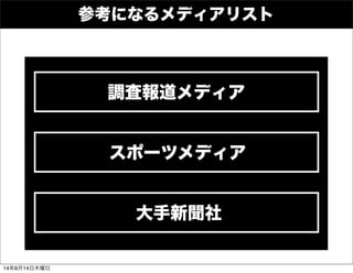 参考になるメディアリスト
調査報道メディア
スポーツメディア
大手新聞社
14年8月14日木曜日
 