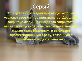Этот цвет любят надежные люди, которые
уважают свое личное пространство. Довольно
закрытые люди, но иногда эта закрытость
является напускной, а на самом деле, человек
желает стать заметным, и выбирают
профессиональную сферу, связанную с
общественной деятельностью.
 